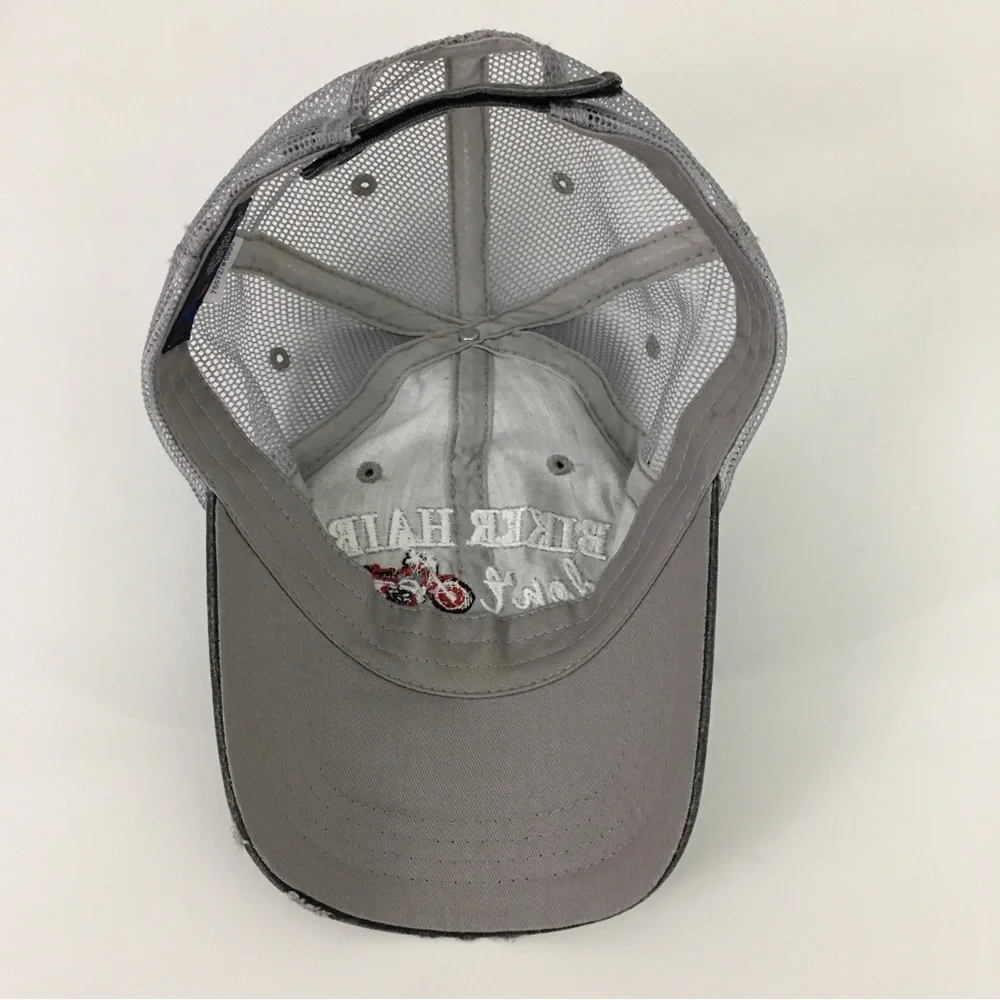 Biker Hair Don’t Care Distressed Embroidered Baseball Biker Cap - Picture 7 of 8